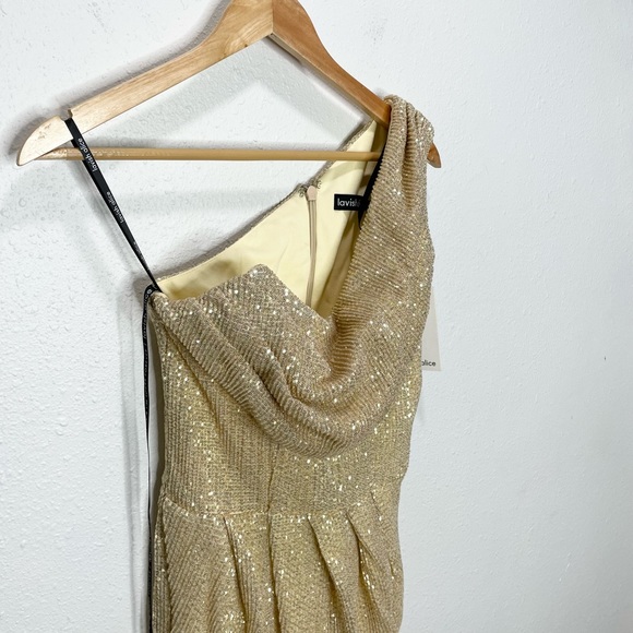 Lavish Alice One Shoulder Pleated Sequin Cowl Midi Dress In Bronze 4 NWT - Picture 4 of 10